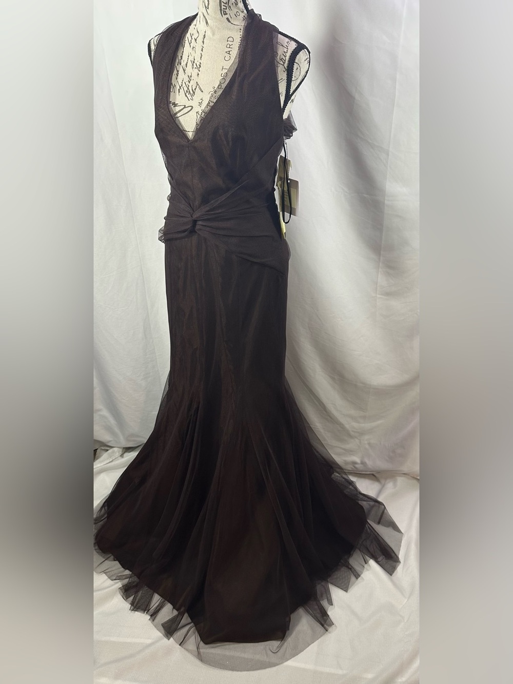 ⚫️🐞Vera Wang Chocolate Brown V-Neck Tulle Maxi Dress - Picture 2 of 16